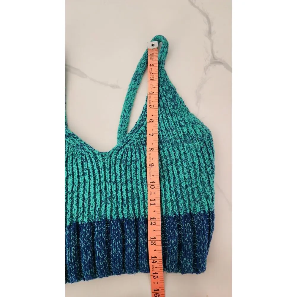 Free People Teal and Navy Ribbed Knit Crop Top